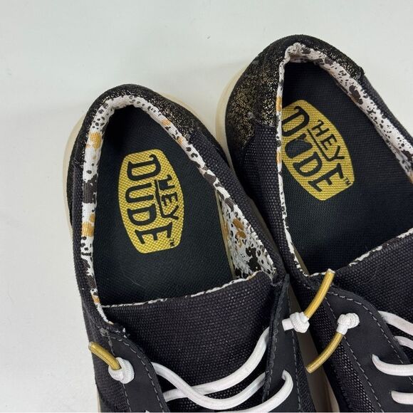 Hey Dude Karina Shimmer Lace Up Sneakers Denim Black Metallic Gold Womens 11 - Picture 10 of 12